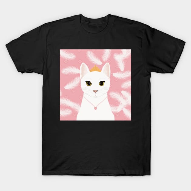 The cute white cat queen is watching you , white feathers and small kitten footsteps in the pink background T-Shirt by marina63